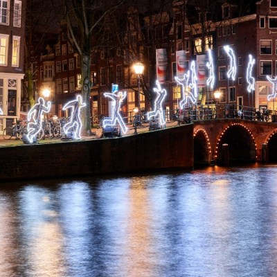 a lit up city at night