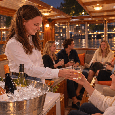 People enjoying drinks on a boat with a smiling server.