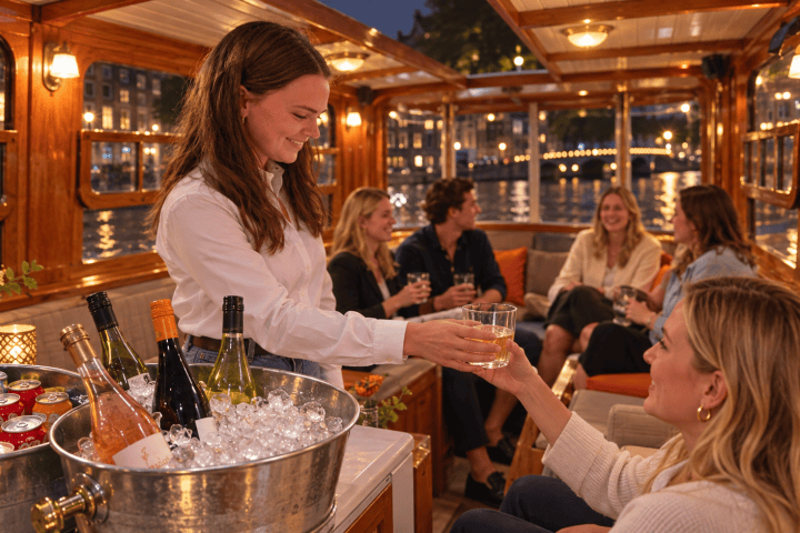 People enjoying drinks on a boat with a smiling server.