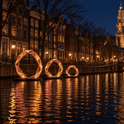 Lit geometric sculptures on a canal at night, with city buildings and a tall tower in the background.