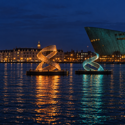 Two helix light sculptures on water at night with cityscape in background.