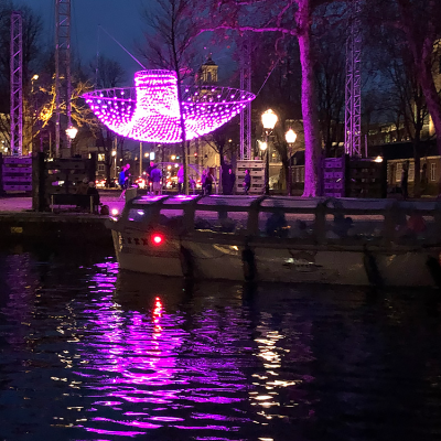 a lit up city at night