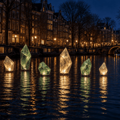 Illuminated crystal-like sculptures float on a canal at night, amidst historic buildings and a lit bridge.