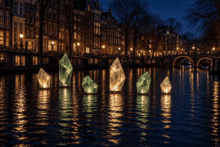 Illuminated crystal-like sculptures float on a canal at night, amidst historic buildings and a lit bridge.