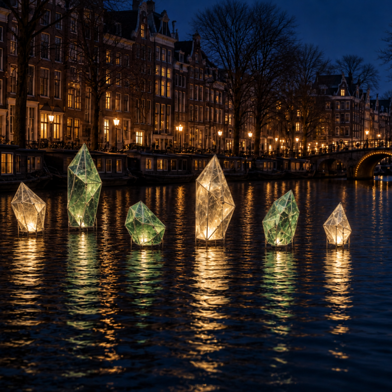 Illuminated crystal-like sculptures float on a canal at night, amidst historic buildings and a lit bridge.